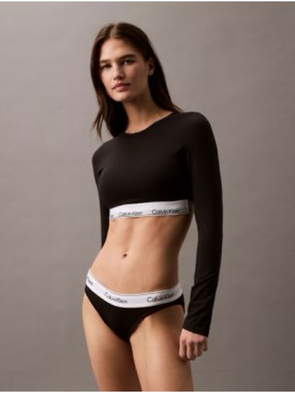 Calvin Klein Black Crew Neck Long Sleeve Top with Built In Bra